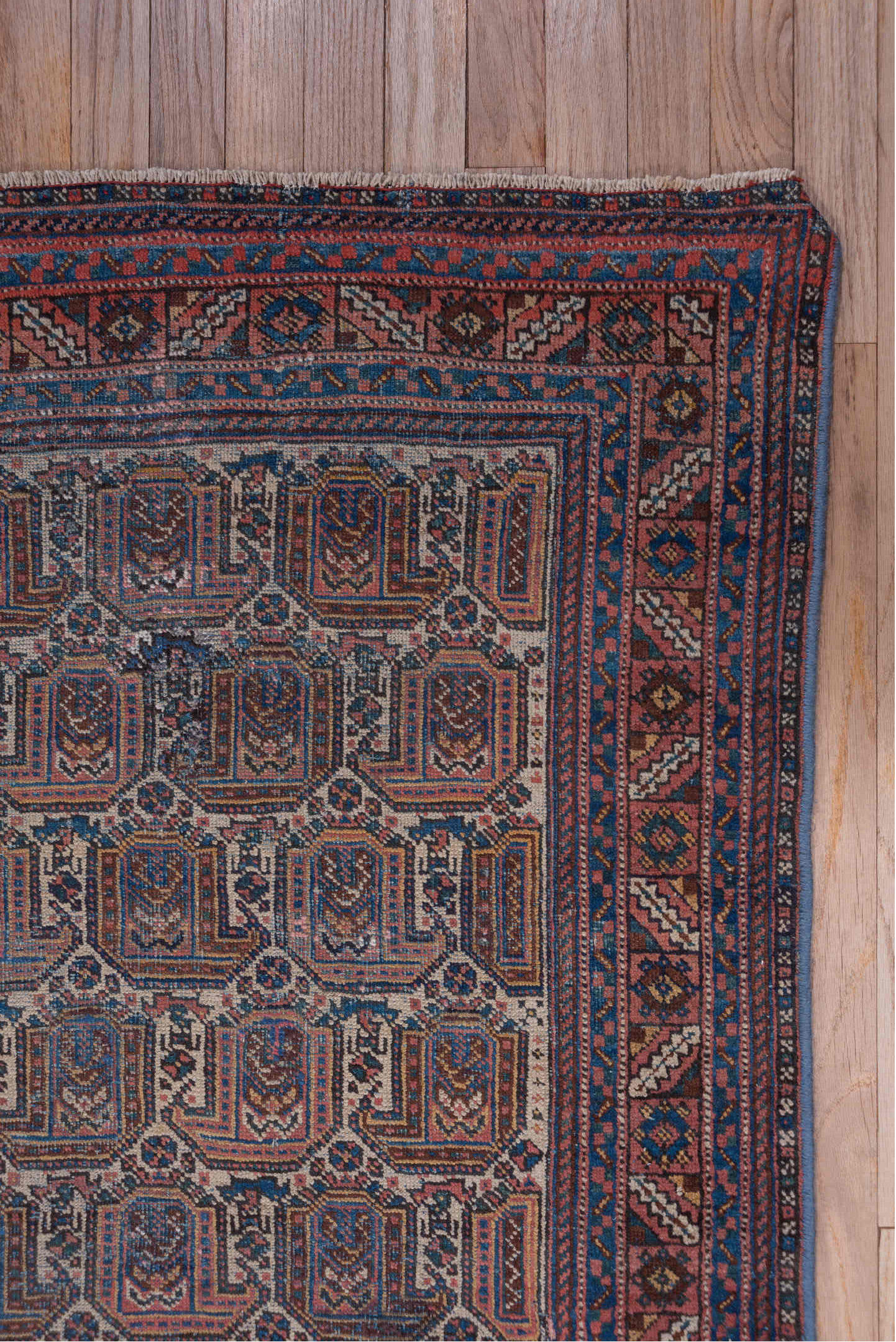 5' x 6' one-of-a-kind handmade vintage Afshar rug. Color palette: blue, brown, dark gray, gray, light gray, off-white, pink