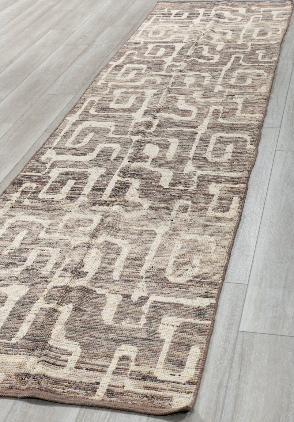 3' x 13' one-of-a-kind handmade vintage Tulu runner rug. Color palette: black, brown, dark gray, gainsboro, gray, light gray