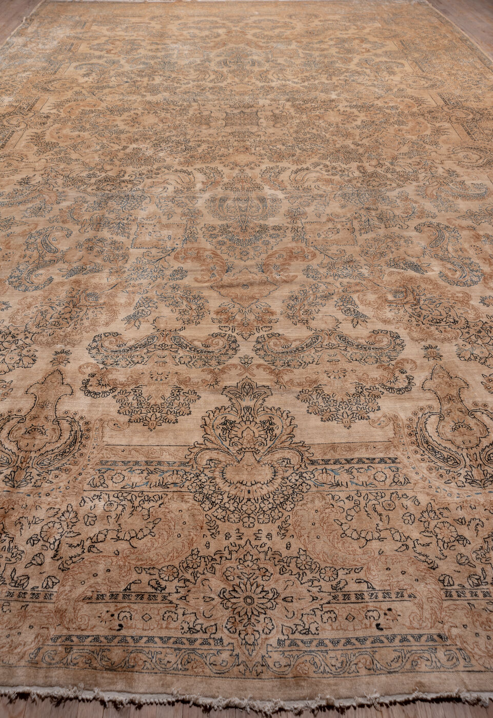 13' x 24' one-of-a-kind handmade vintage Kerman oversize rug. Color palette: brown, gray, light gray, off-white, orange