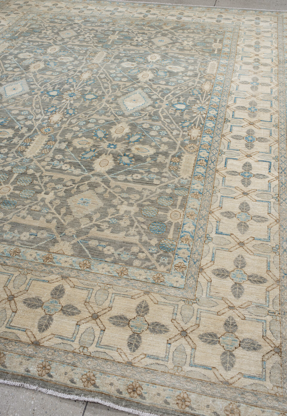 9' x 11' one-of-a-kind handmade vintage Oushak large size rug. Color palette: blue, brown, gray, light gray, off-white