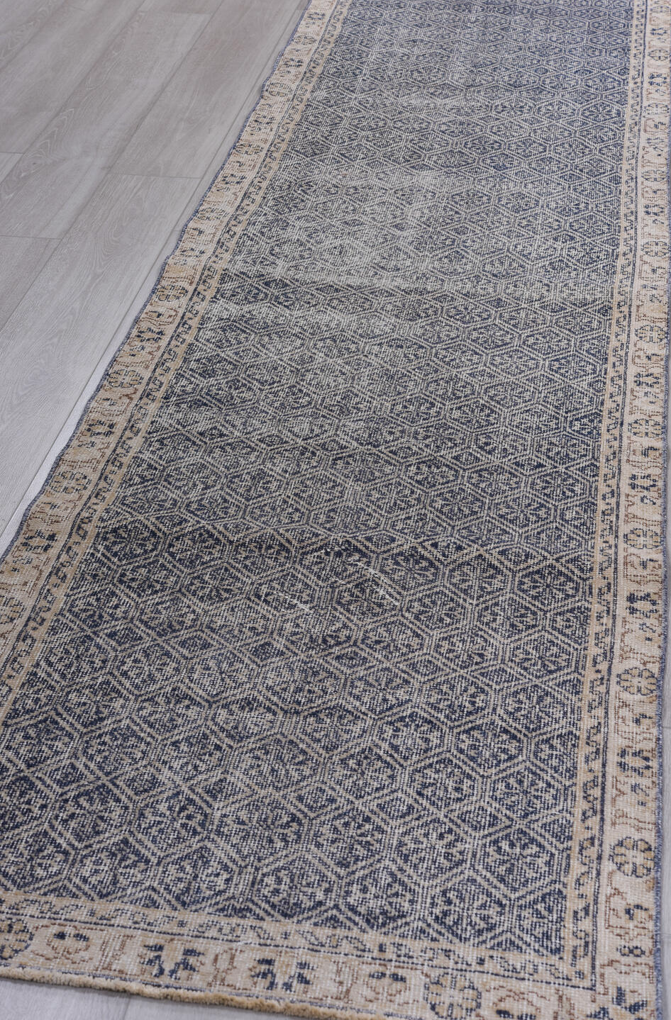 2' x 10' one-of-a-kind handmade vintage Sparta runner rug. Color palette: black, blue, dark gray, dim gray, fiord, gainsboro