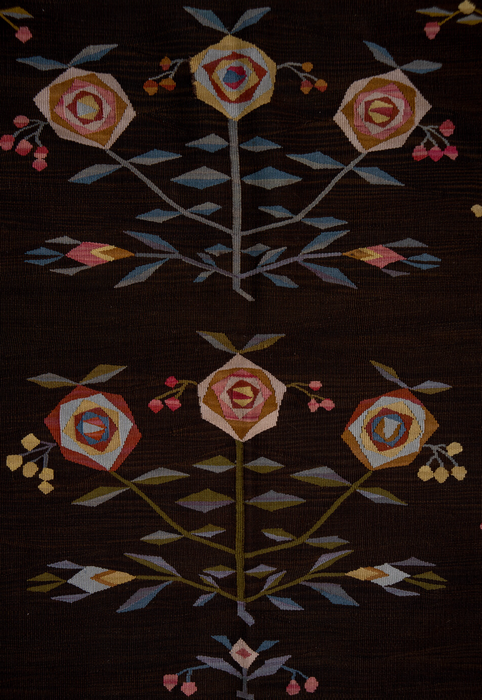 4' x 6' one-of-a-kind handmade vintage Kilim small size rug. Color palette: black, blue, brown, charcoal, gray, pink