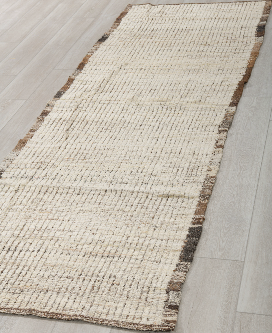 3' x 9' one-of-a-kind handmade vintage Tulu runner rug. Color palette: brown, dark gray, gainsboro, gray, light gray