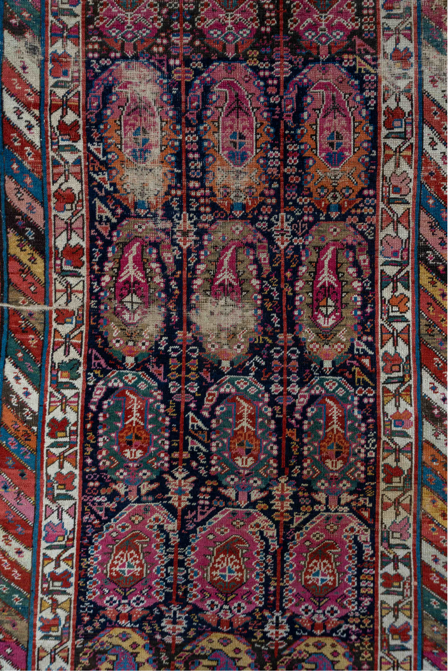 3' x 10' one-of-a-kind handmade vintage Shirvan runner rug. Color palette: black, blue, brown, fiord, gray, light gray