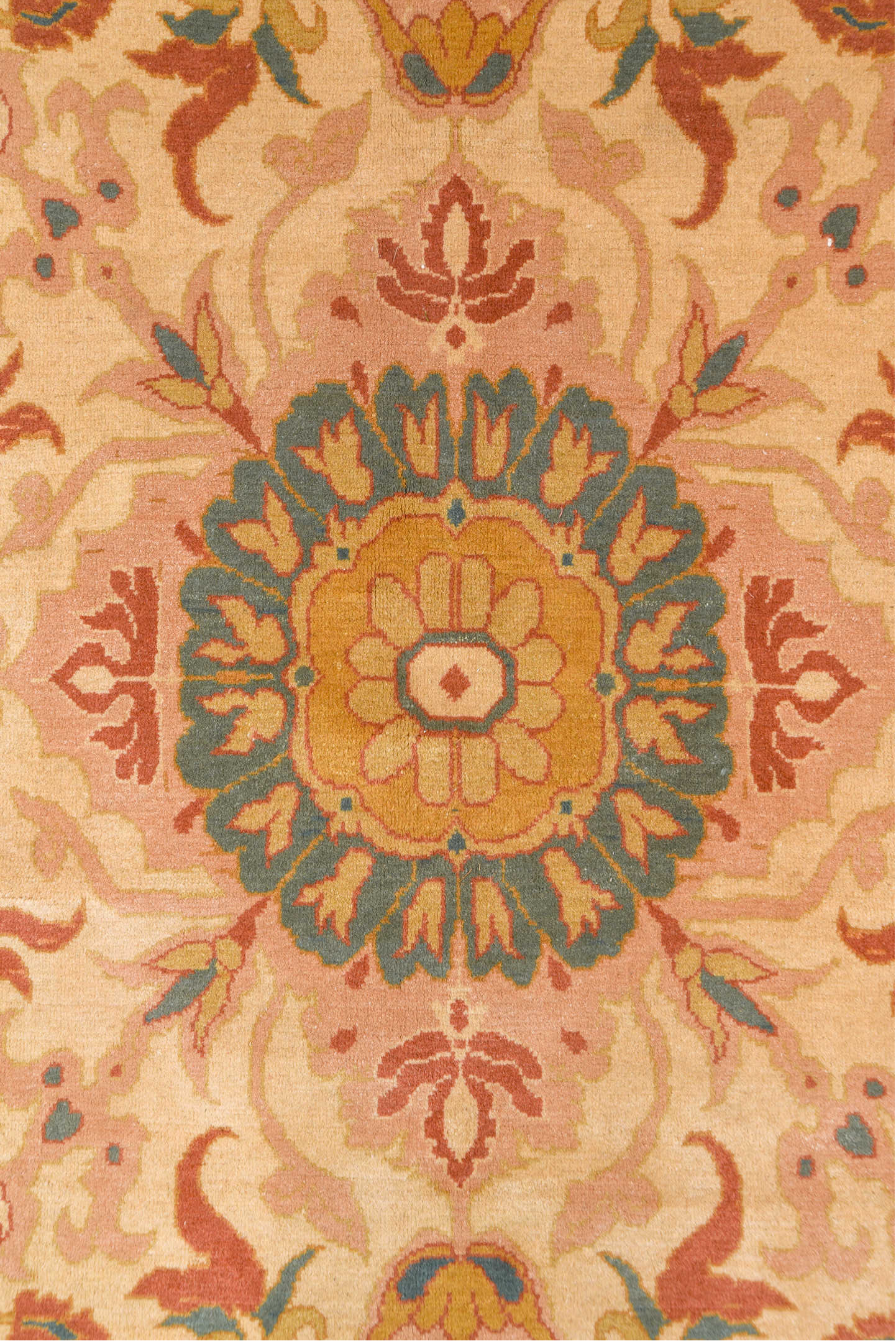 13' x 16' one-of-a-kind handmade vintage Sultanabad oversize rug. Color palette: pink, brown, yellow, orange, off-white