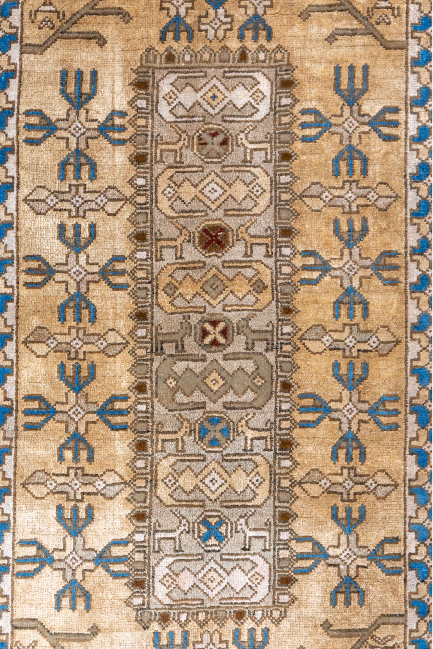2' x 4' one-of-a-kind handmade vintage Sivas small size rug. Color palette: blue, brown, gray, light gray, light slate gray