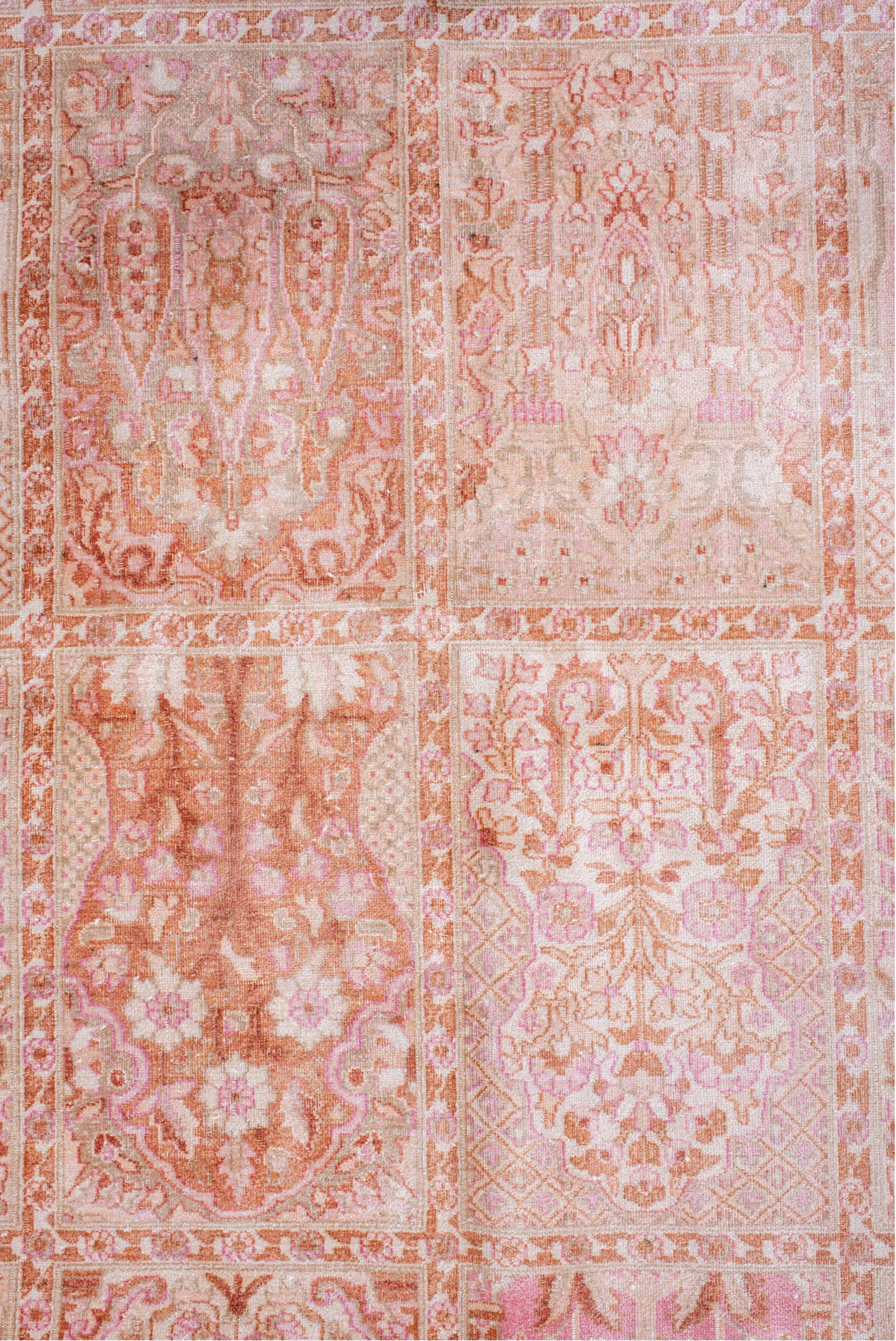 7' x 9' one-of-a-kind handmade vintage Kashmir rug. Color palette: pink, off-white, light gray, gray, misty rose, linen