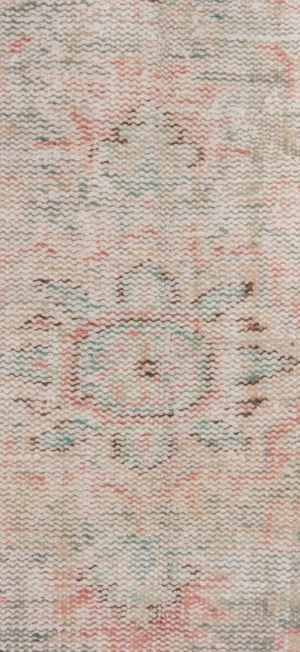 6' x 9' one-of-a-kind handmade vintage Oushak medium size rug. Color palette: dark gray, gray, light gray, linen, misty rose