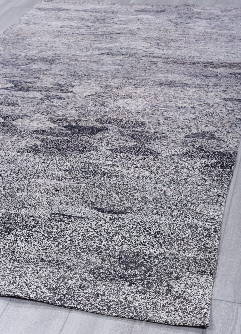 4' x 8' one-of-a-kind handmade vintage Kilim runner rug. Color palette: black, blue, dim gray, gainsboro, gray, light blue