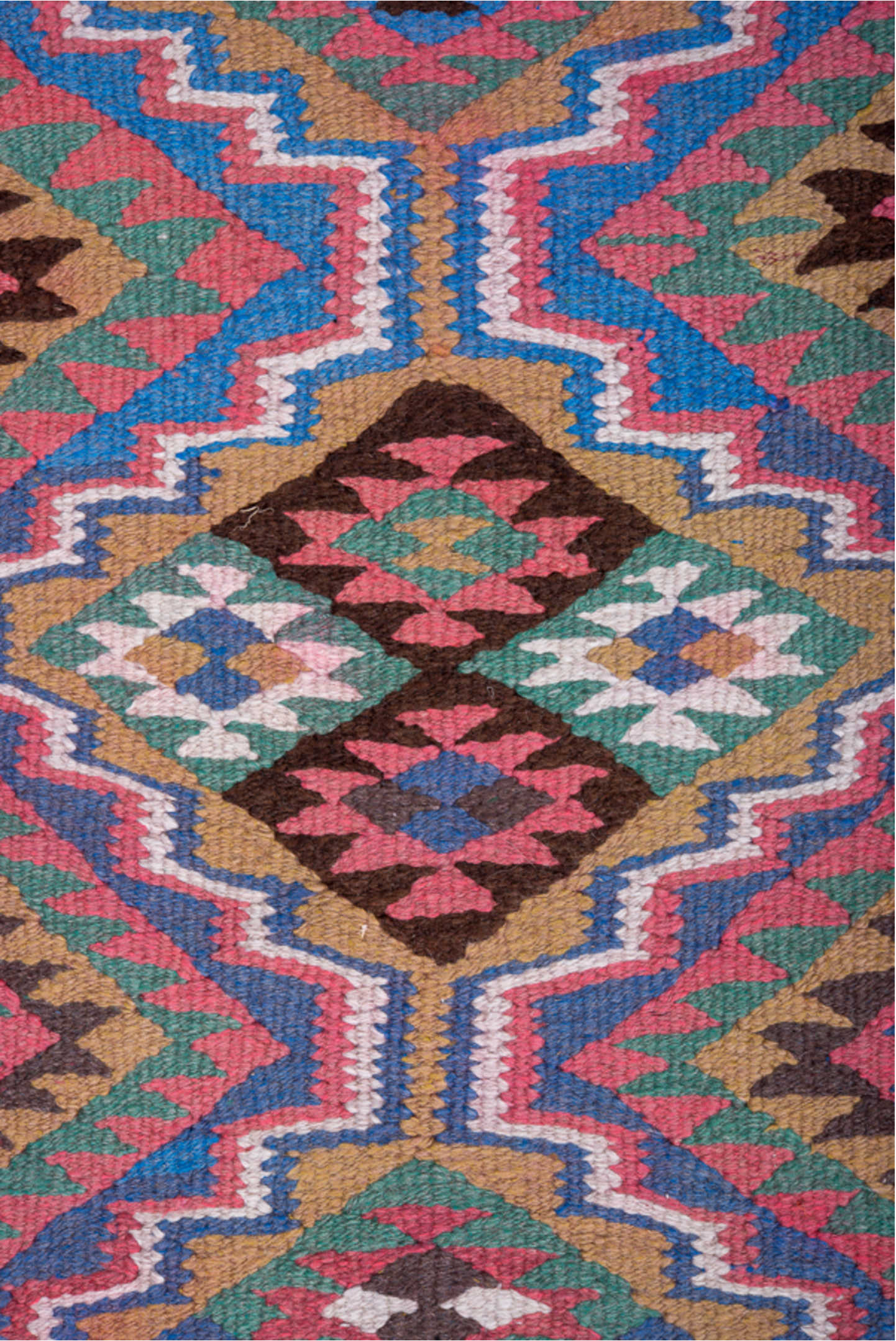 3' x 9' one-of-a-kind handmade vintage Kilim runner rug. Color palette: gray, brown, pink, blue, light gray, off-white