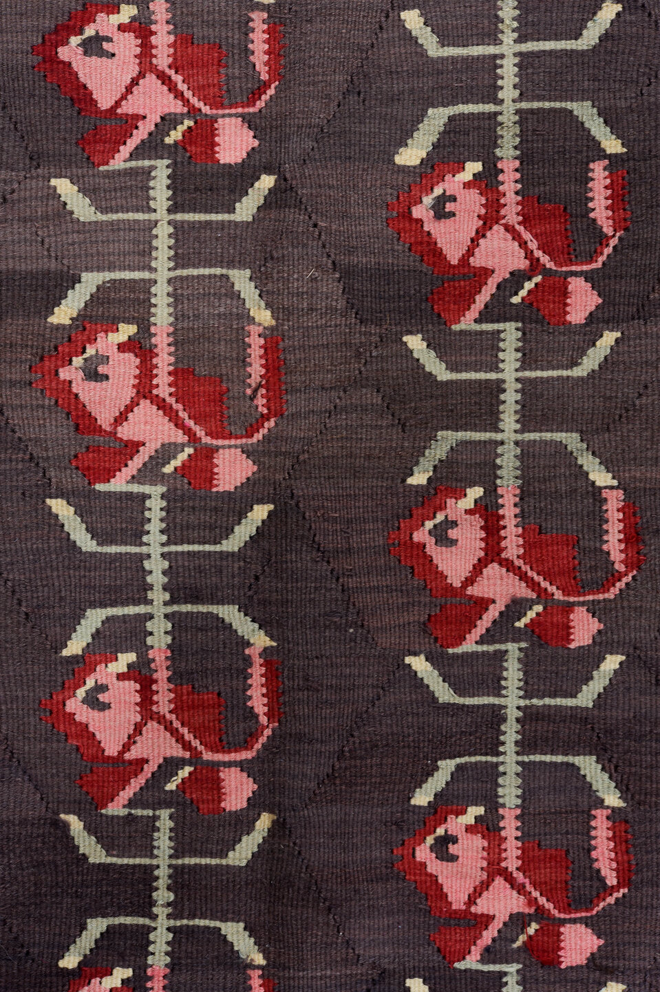 5' x 11' one-of-a-kind handmade vintage Besserabian rug. Color palette: brown, red, gray, black, pink