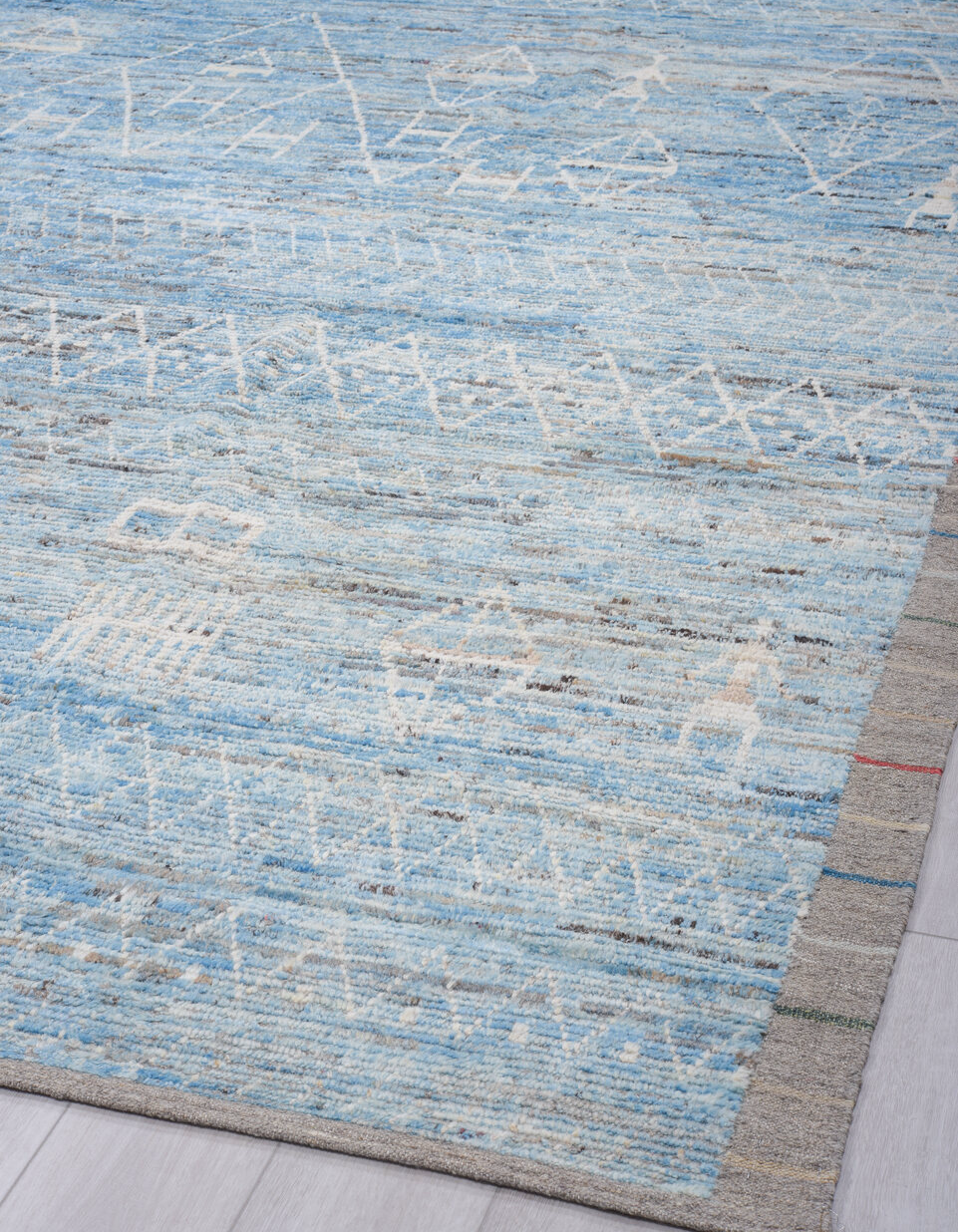 10' x 14' one-of-a-kind handmade vintage Tulu large size rug. Color palette: blue, dark gray, dim gray, gray, light blue