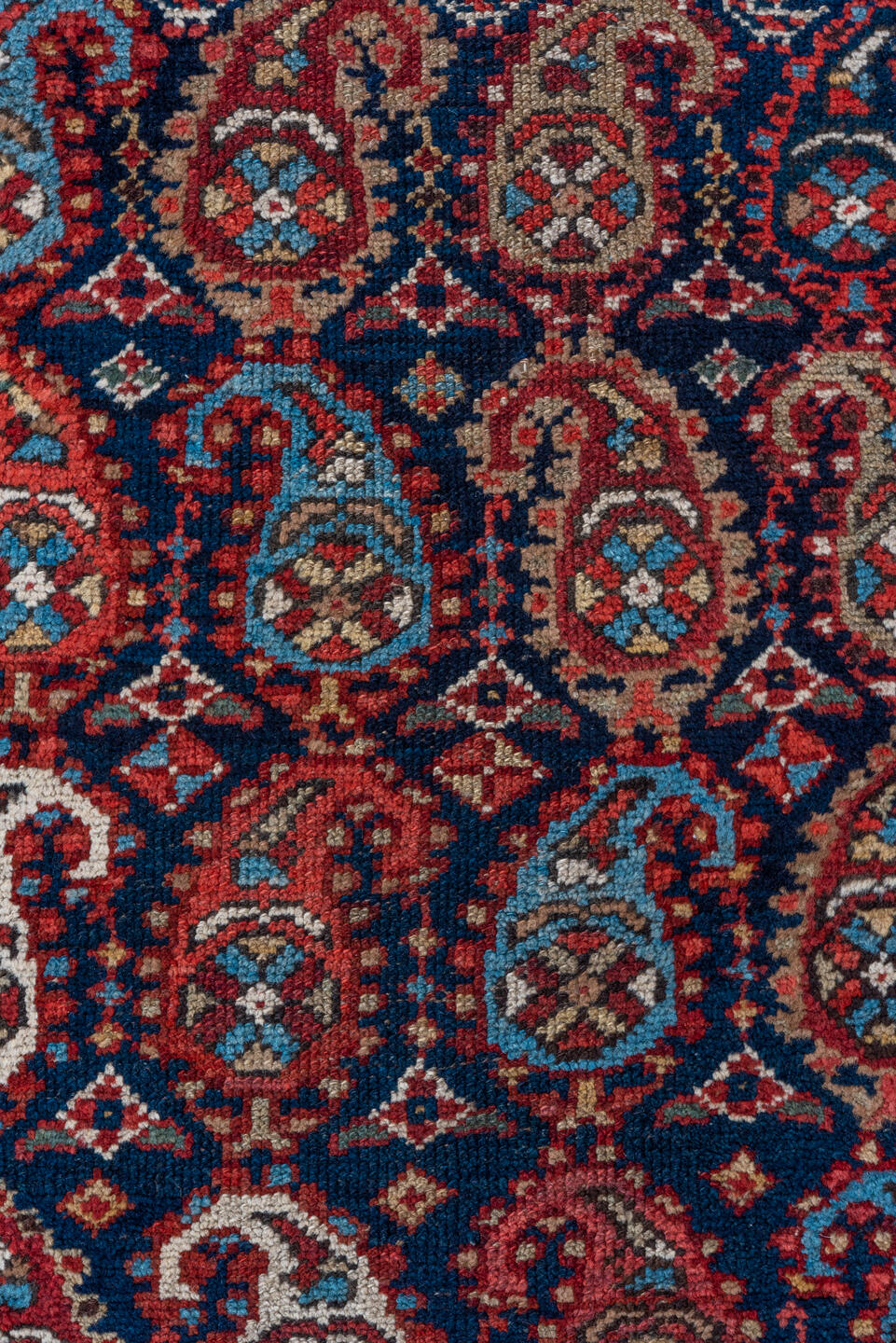 2' x 16' one-of-a-kind handmade vintage Malayer runner rug. Color palette: black, blue, brown, dim gray, gray, off-white
