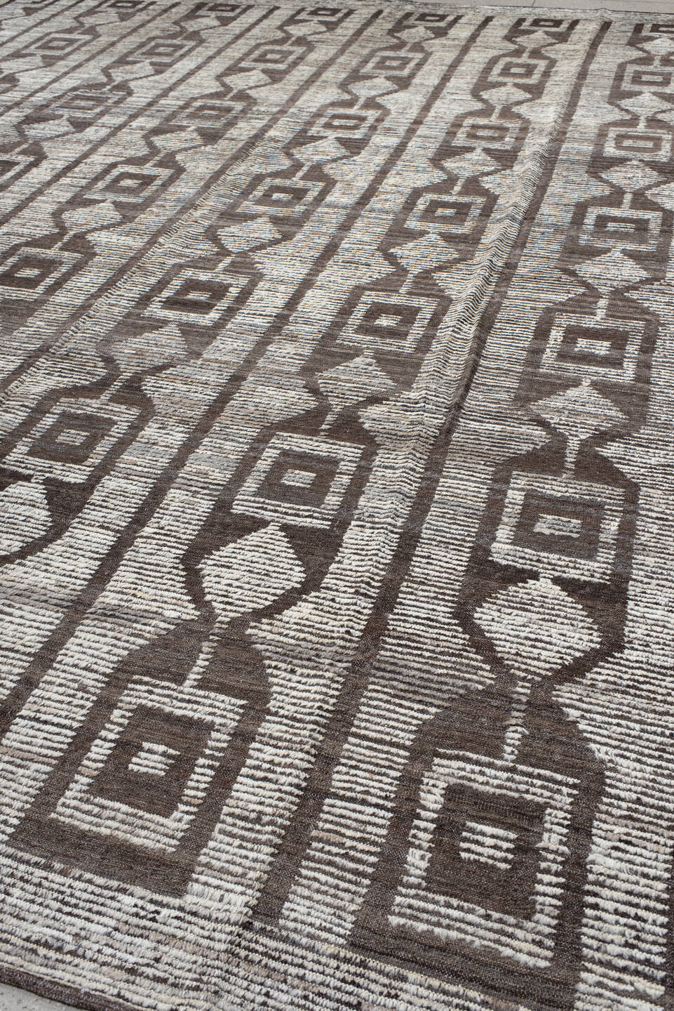13' x 15' one-of-a-kind handmade vintage Tulu oversize rug. Color palette: brown, dark gray, dim gray, gainsboro, gray