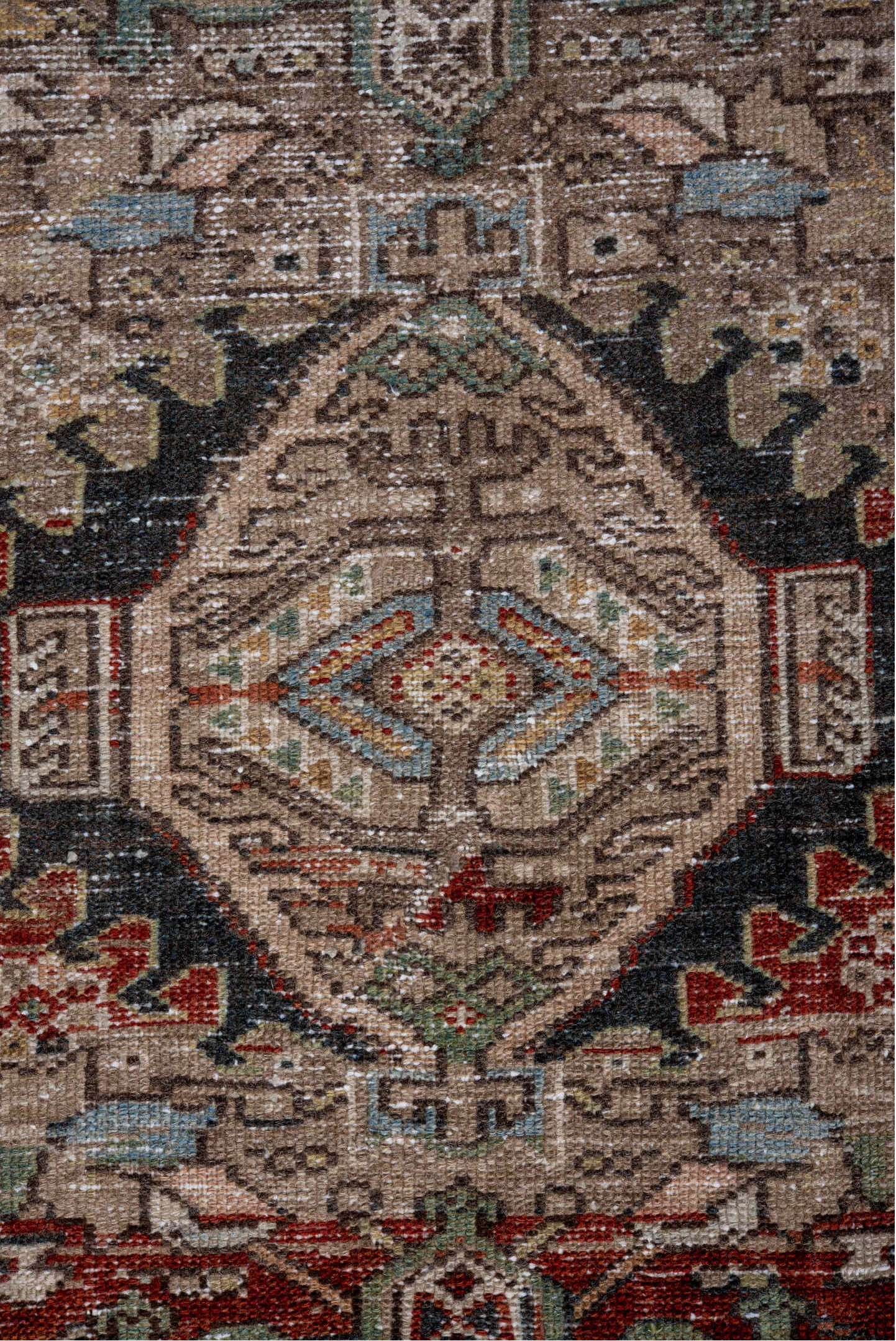 7' x 10' one-of-a-kind handmade vintage Karaje large size rug. Color palette: black, brown, charcoal, dark gray, dim gray