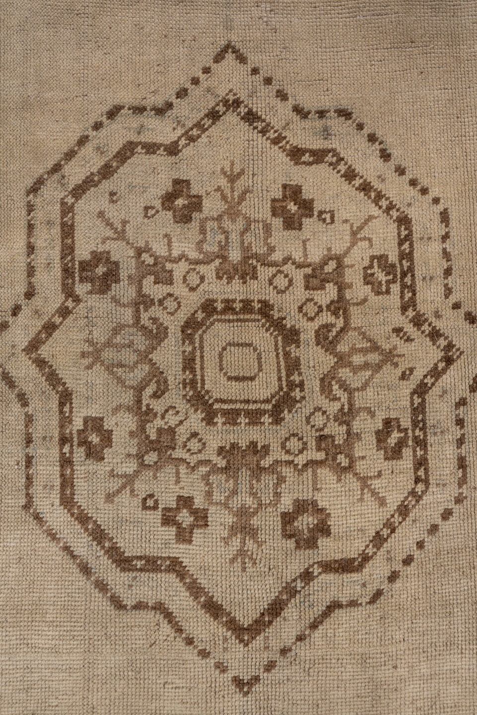 6' x 9' one-of-a-kind handmade vintage Oushak medium size rug. Color palette: brown, gray, light gray, off-white, pink, snow