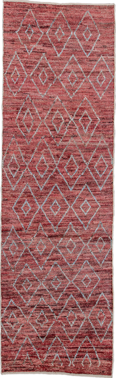 3' x 10' one-of-a-kind handmade vintage Tulu runner rug. Color palette: brown, gray, light blue, light coral, light gray