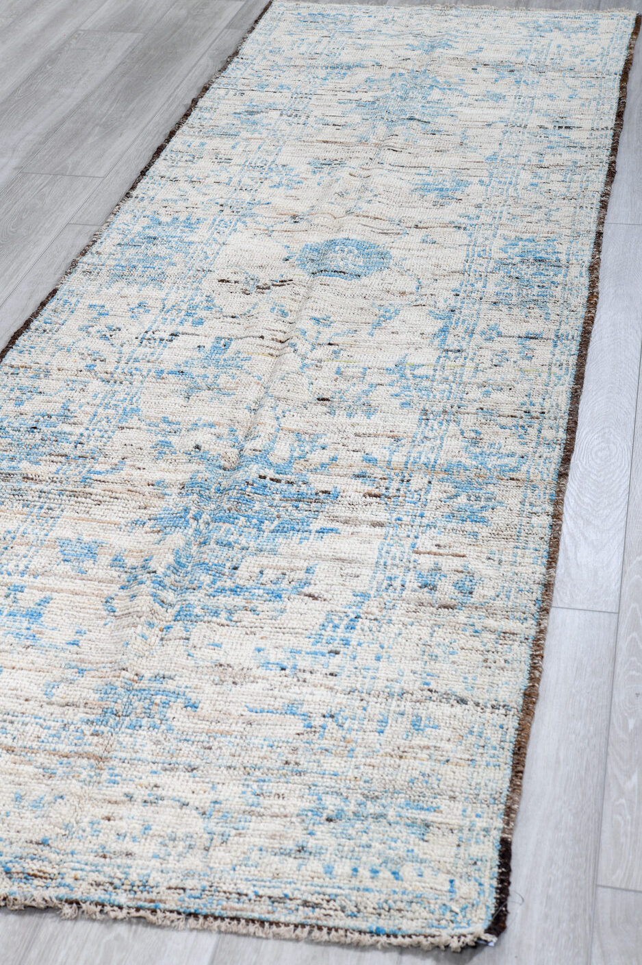 3' x 10' one-of-a-kind handmade vintage Tulu runner rug. Color palette: blue, dark gray, dim gray, gainsboro, gray