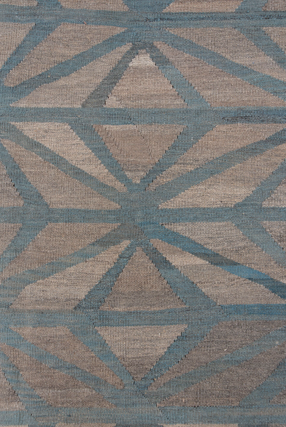 10' x 12' one-of-a-kind handmade vintage Kilim large size rug. Color palette: blue, dim gray, gray, light gray, pink, silver