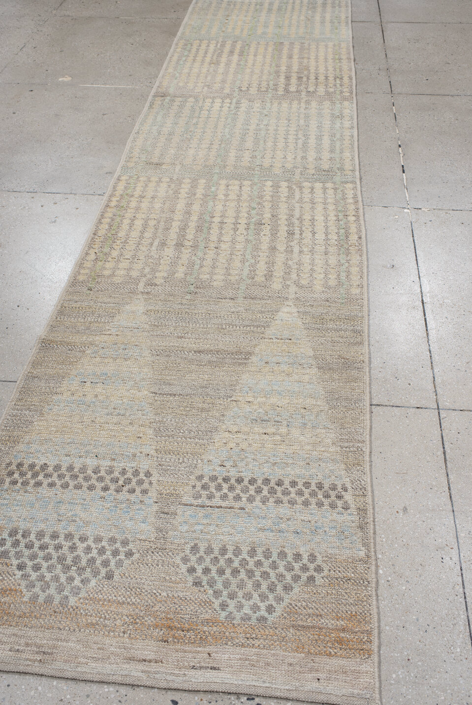 3' x 13' one-of-a-kind handmade vintage Tulu runner rug. Color palette: antiquewhite, brown, dark gray, gray, light gray
