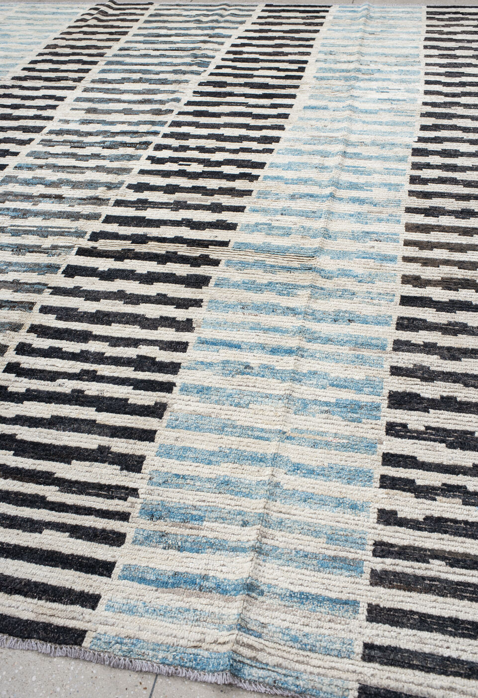 9' x 11' one-of-a-kind handmade vintage Tulu large size rug. Color palette: gray, light gray, blue, black, off-white