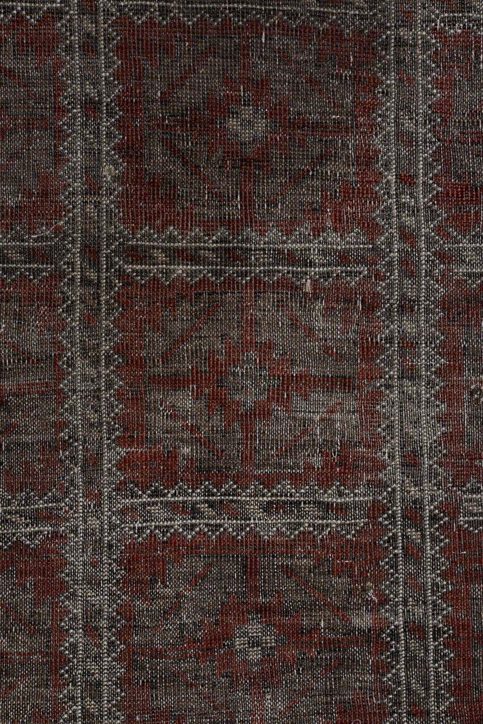 4' x 7' one-of-a-kind handmade vintage Belouch rug. Color palette: black, brown, charcoal, dim gray, gray, light gray