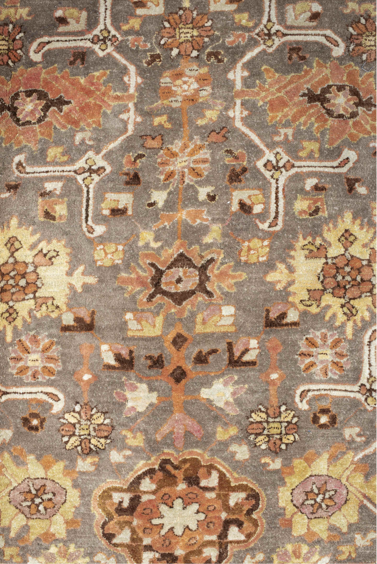 8' x 11' one-of-a-kind handmade vintage Hooked large size rug. Color palette: off-white, brown, pink, light gray, gray