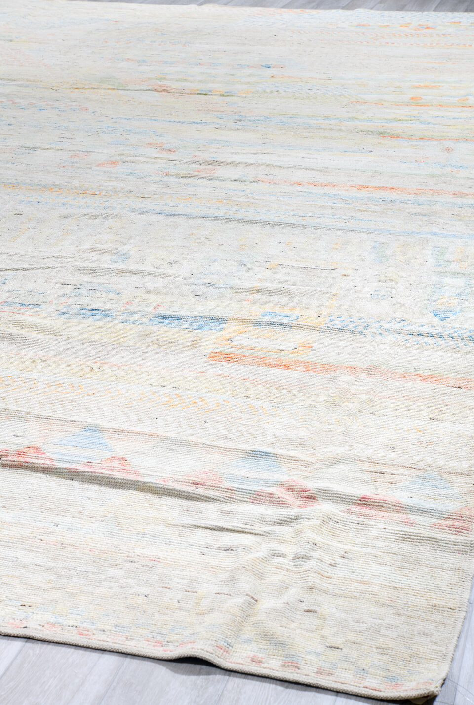 13' x 19' one-of-a-kind handmade vintage Tulu oversize rug. Color palette: alice blue, blue, brown, dark gray, gainsboro