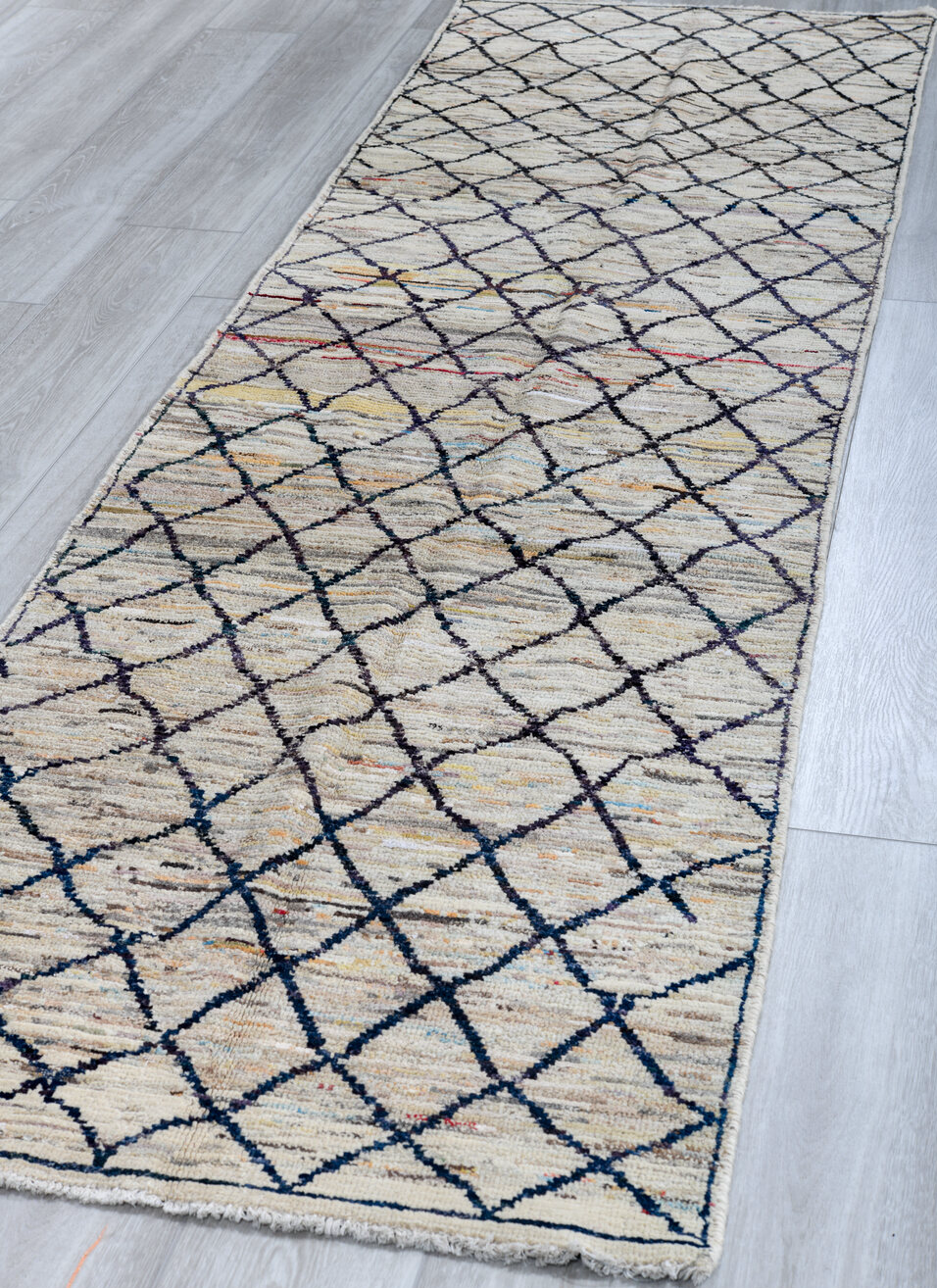 2' x 10' one-of-a-kind handmade vintage Tulu runner rug. Color palette: black, blue, brown, burlywood, dark gray, dim gray