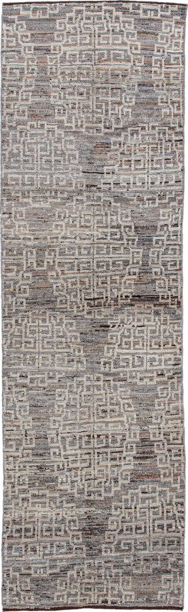 3' x 10' one-of-a-kind handmade vintage Tulu runner rug. Color palette: gainsboro, gray, light gray, off-white, pink, silver