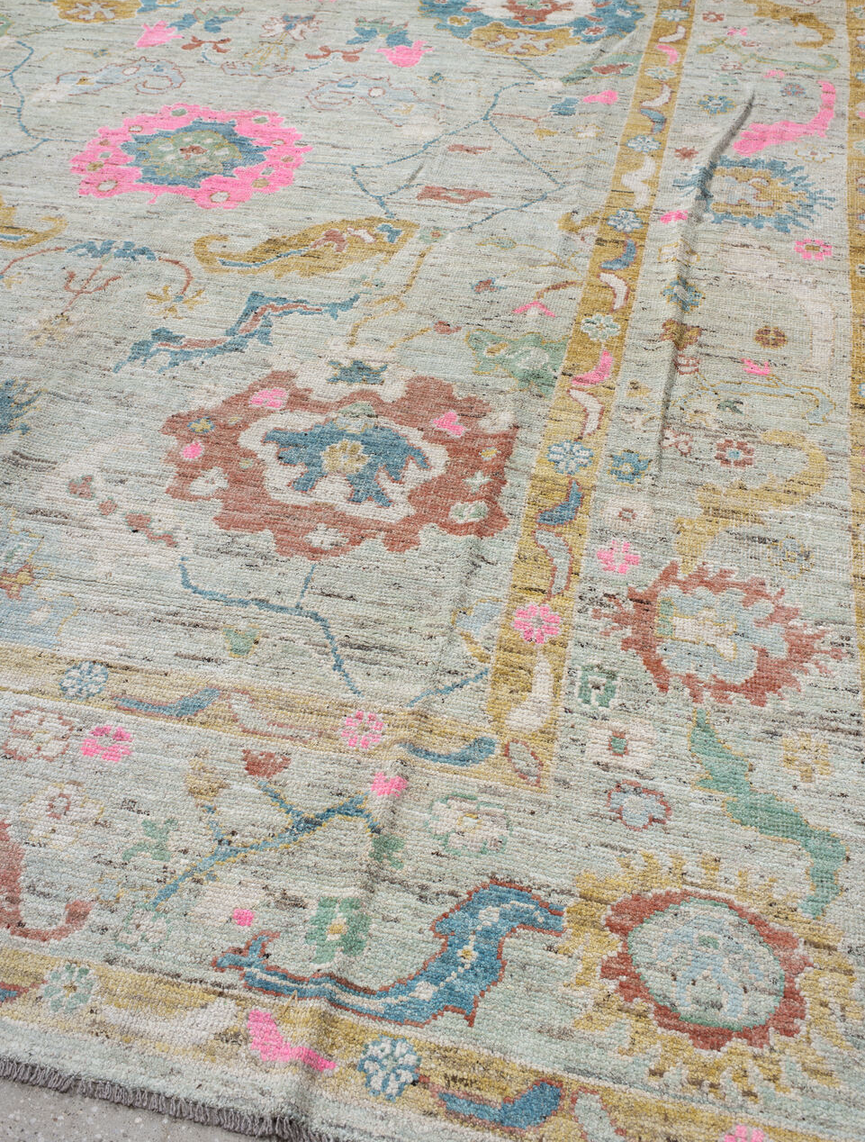 10' x 13' one-of-a-kind handmade vintage Oushak large size rug. Color palette: blue, brown, dark gray, gainsboro, gray