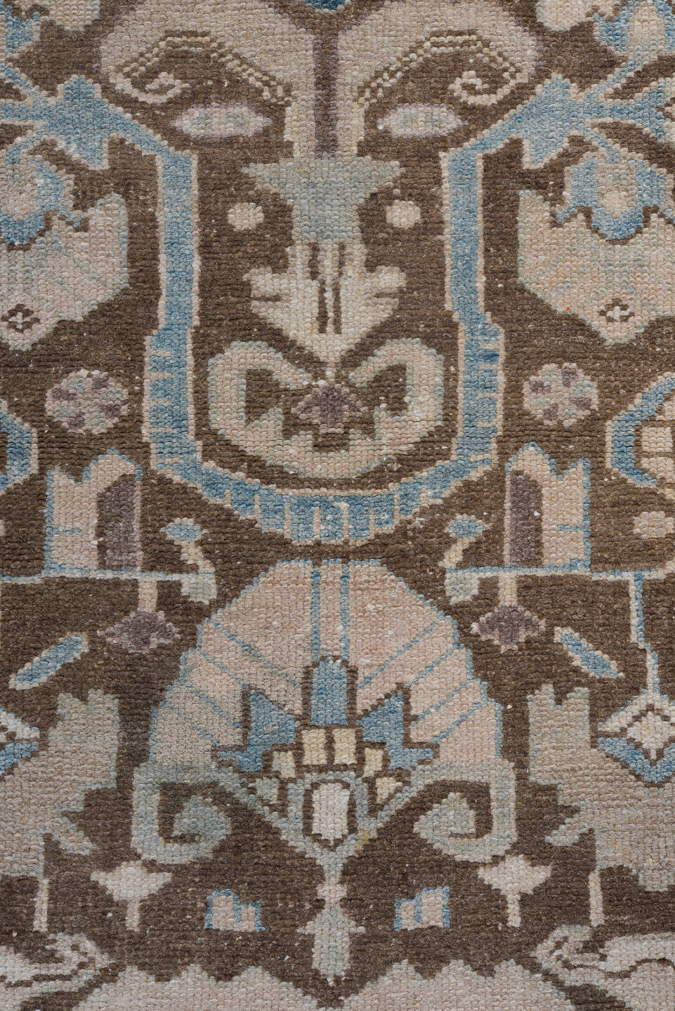 3' x 9' one-of-a-kind handmade vintage Hamadan runner rug. Color palette: blue, brown, gray, light gray, off-white