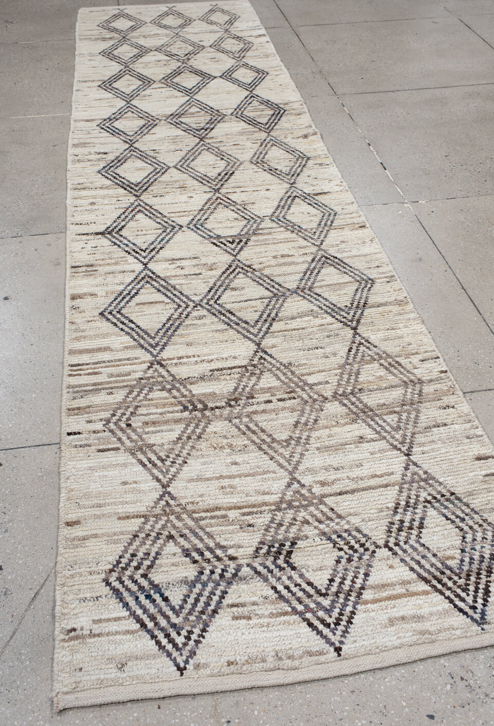 3' x 13' one-of-a-kind handmade vintage Tulu runner rug. Color palette: black, blue, dark gray, dim gray, gainsboro, gray