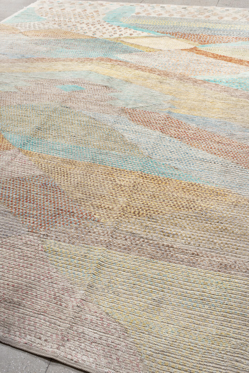9' x 13' one-of-a-kind handmade vintage Tulu large size rug. Color palette: off-white, gray, light gray, orange, blue, green