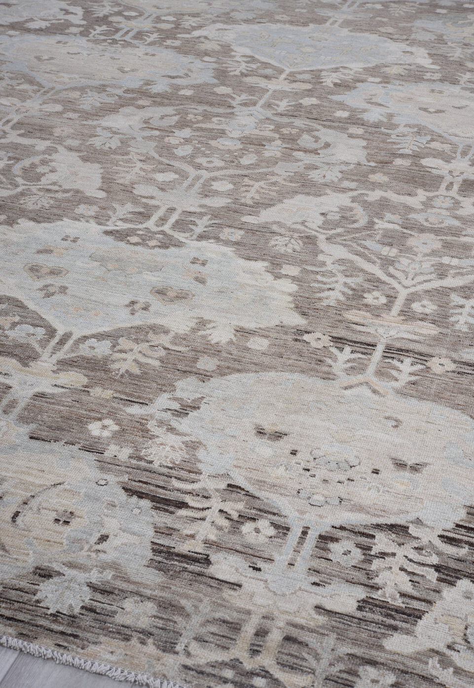 9' x 12' one-of-a-kind handmade vintage Oushak large size rug. Color palette: black, brown, dark gray, gainsboro, gray