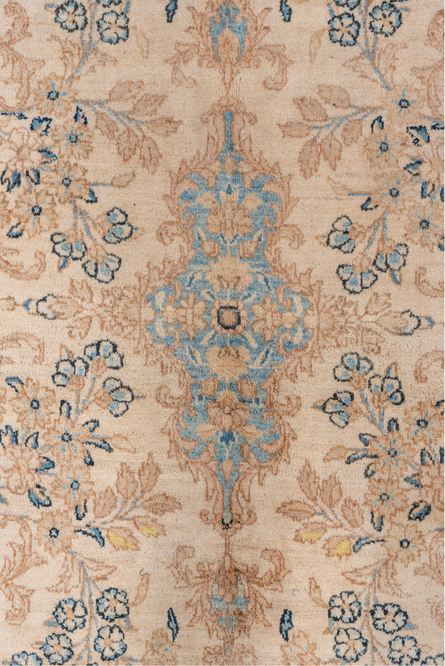 7' x 9' one-of-a-kind handmade vintage Kerman rug. Color palette: antiquewhite, blue, brown, dim gray, gray, light gray