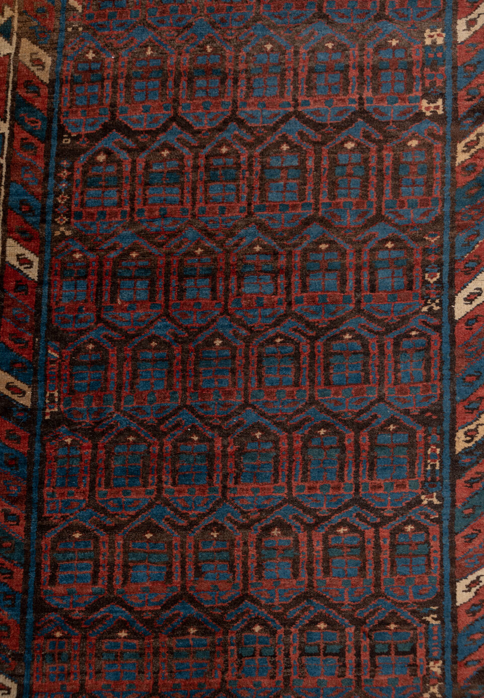 3' x 15' one-of-a-kind handmade vintage Sarab runner rug. Color palette: black, blue, brown, charcoal, gray, off-white, red