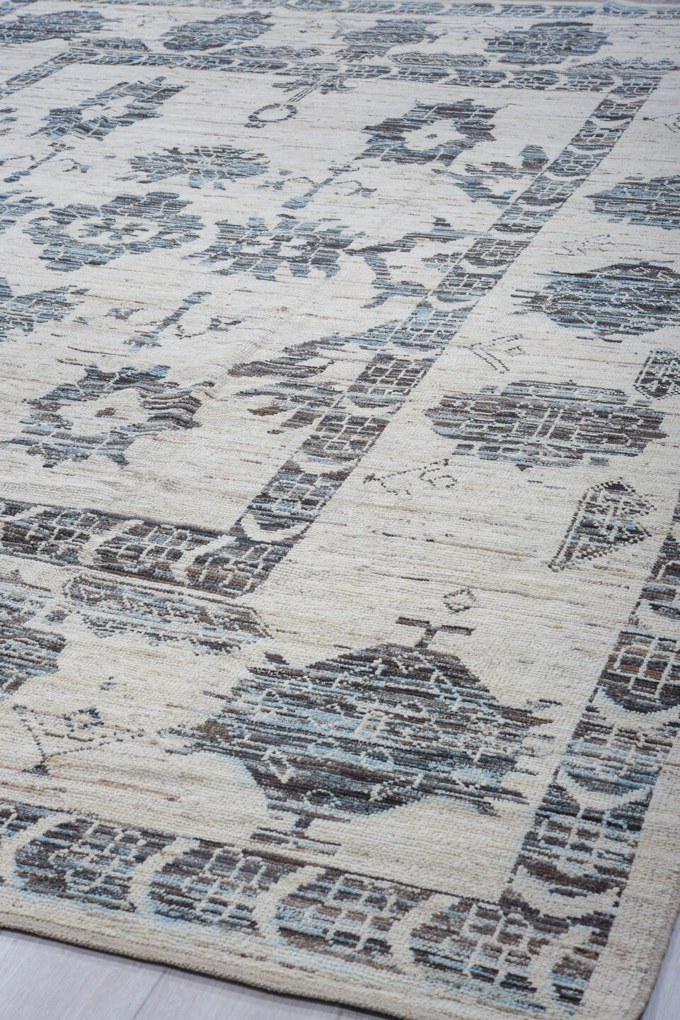 9' x 13' one-of-a-kind handmade vintage Tulu large size rug. Color palette: black, blue, charcoal, dark gray, dim gray