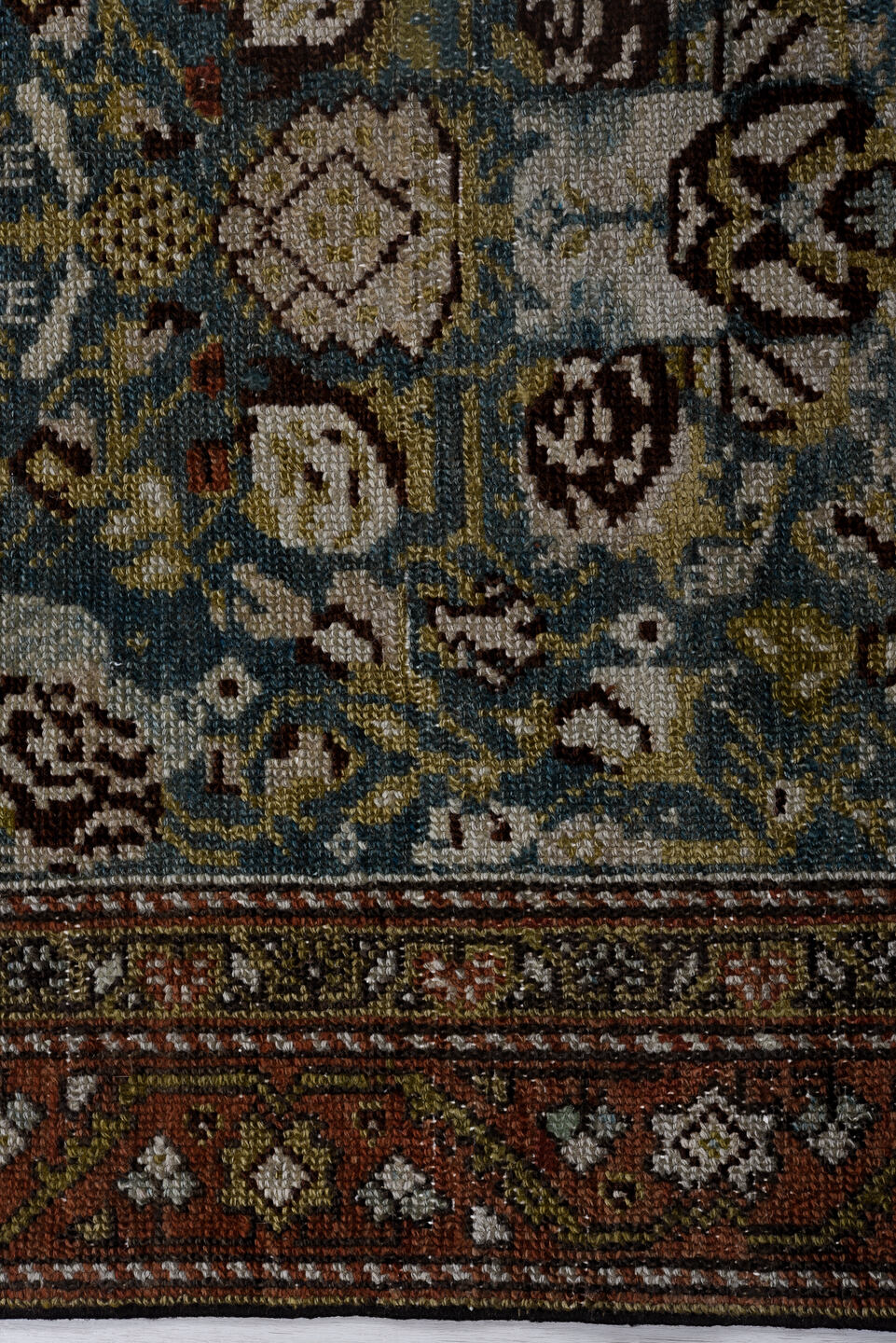 2' x 12' one-of-a-kind handmade vintage Malayer runner rug. Color palette: gray, black, brown, light gray, blue, off-white