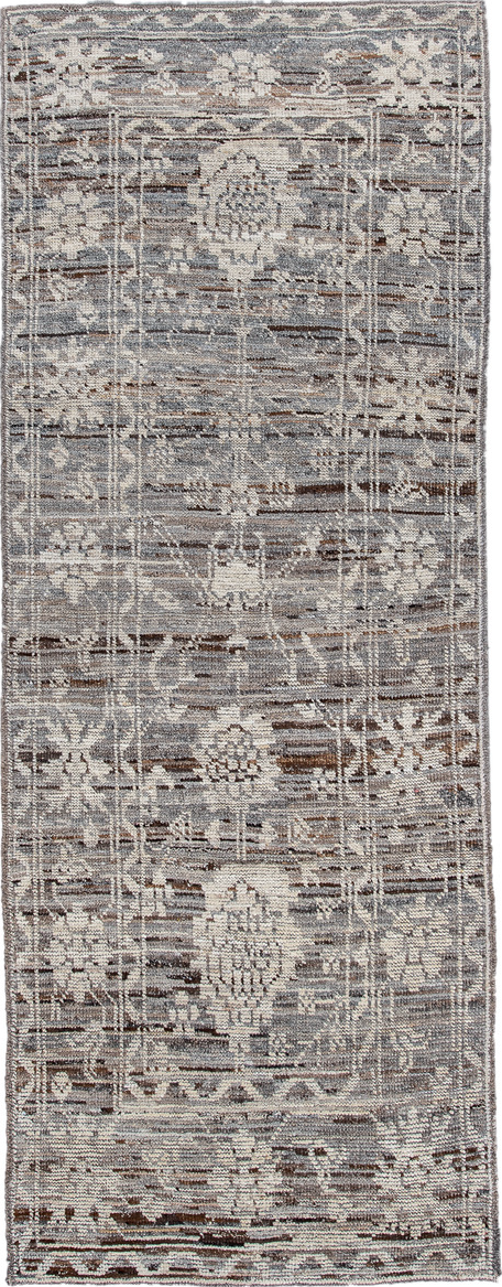 3' x 8' one-of-a-kind handmade vintage Tulu runner rug. Color palette: black, dark gray, dim gray, gainsboro, gray