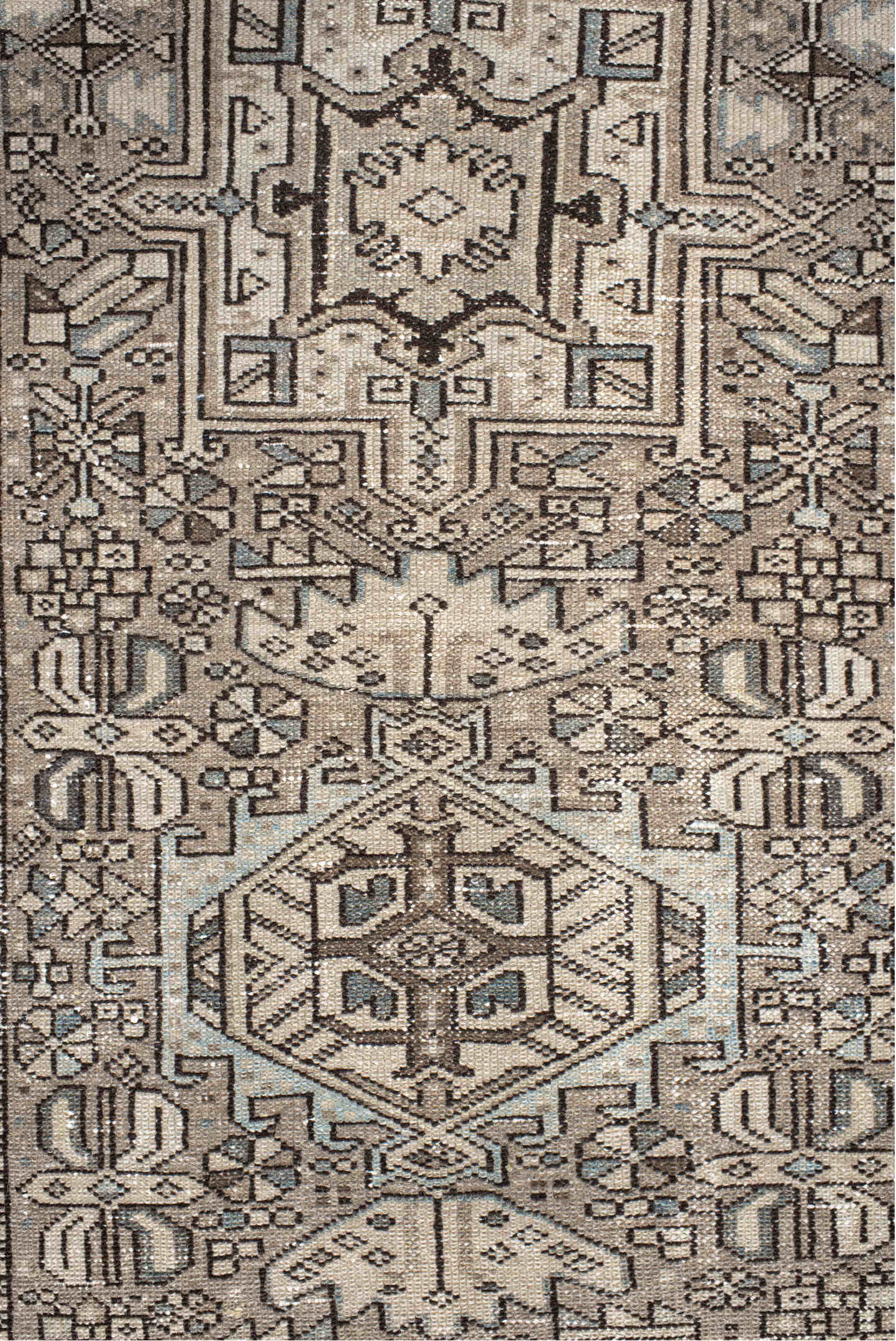 2' x 10' one-of-a-kind handmade vintage Karaje runner rug. Color palette: black, gray, off-white, light gray
