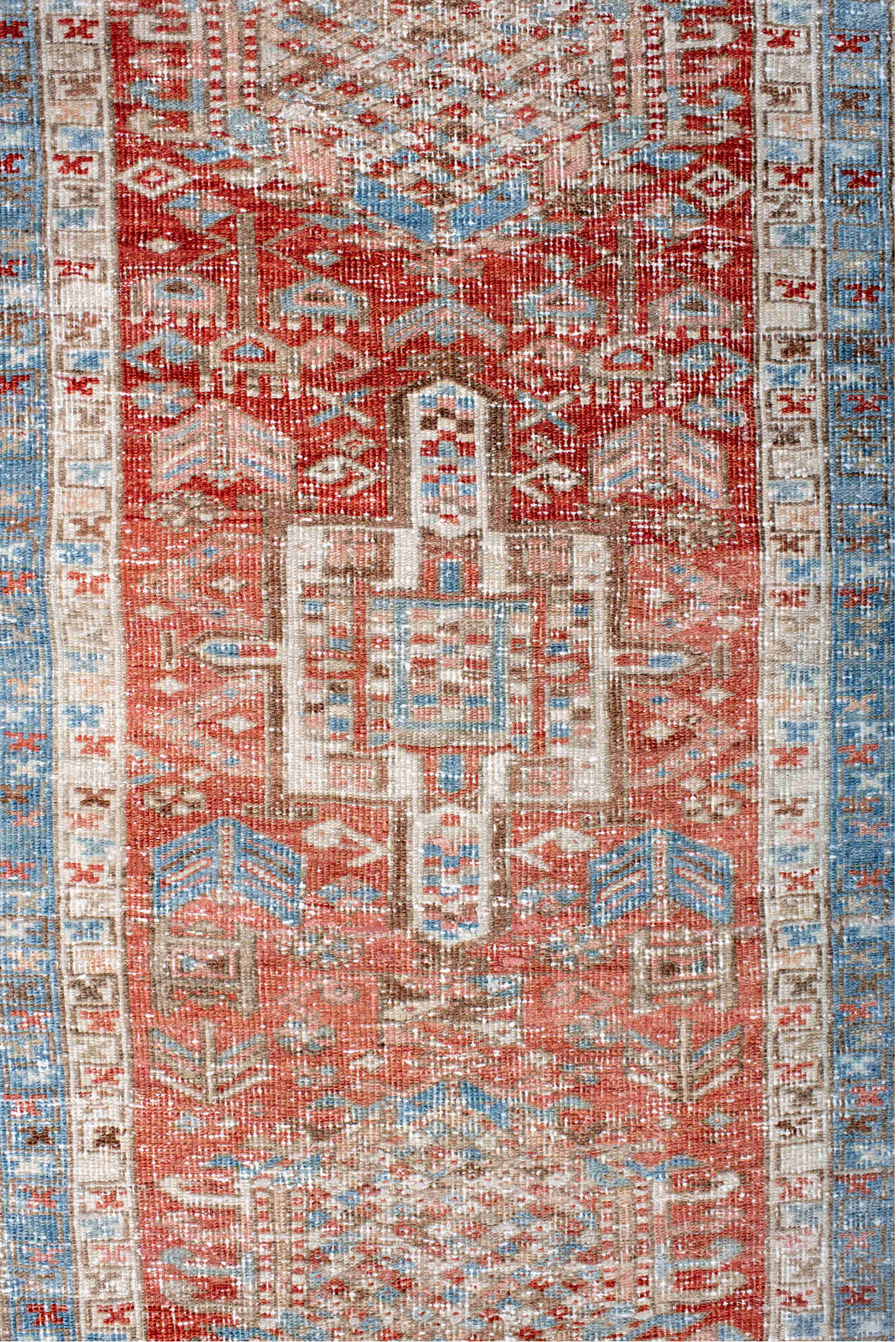 3' x 14' one-of-a-kind handmade vintage Heriz runner rug. Color palette: brown, dark gray, gainsboro, gray, light blue