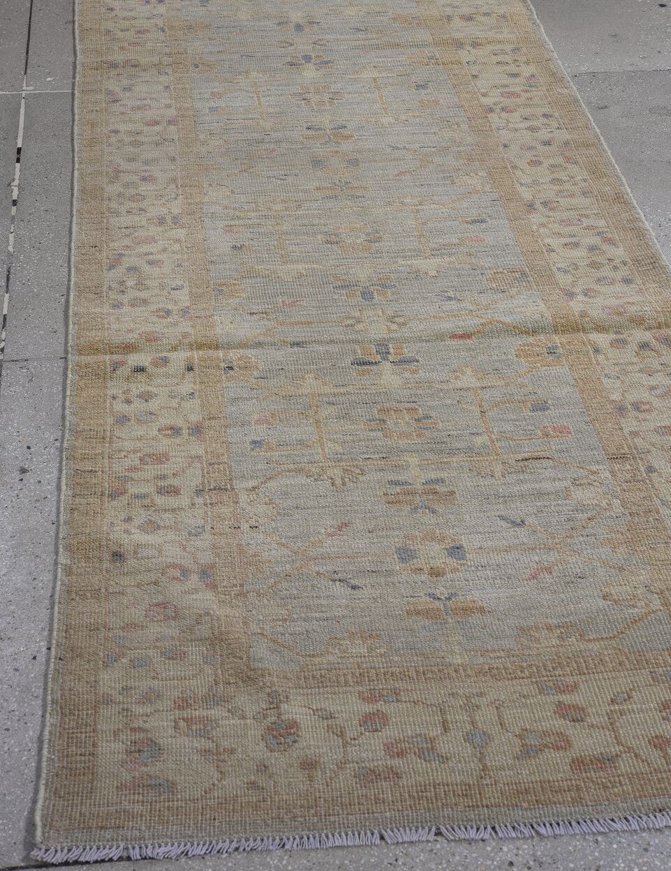 3' x 10' one-of-a-kind handmade vintage Oushak runner rug. Color palette: black, blue, brown, gray, light gray
