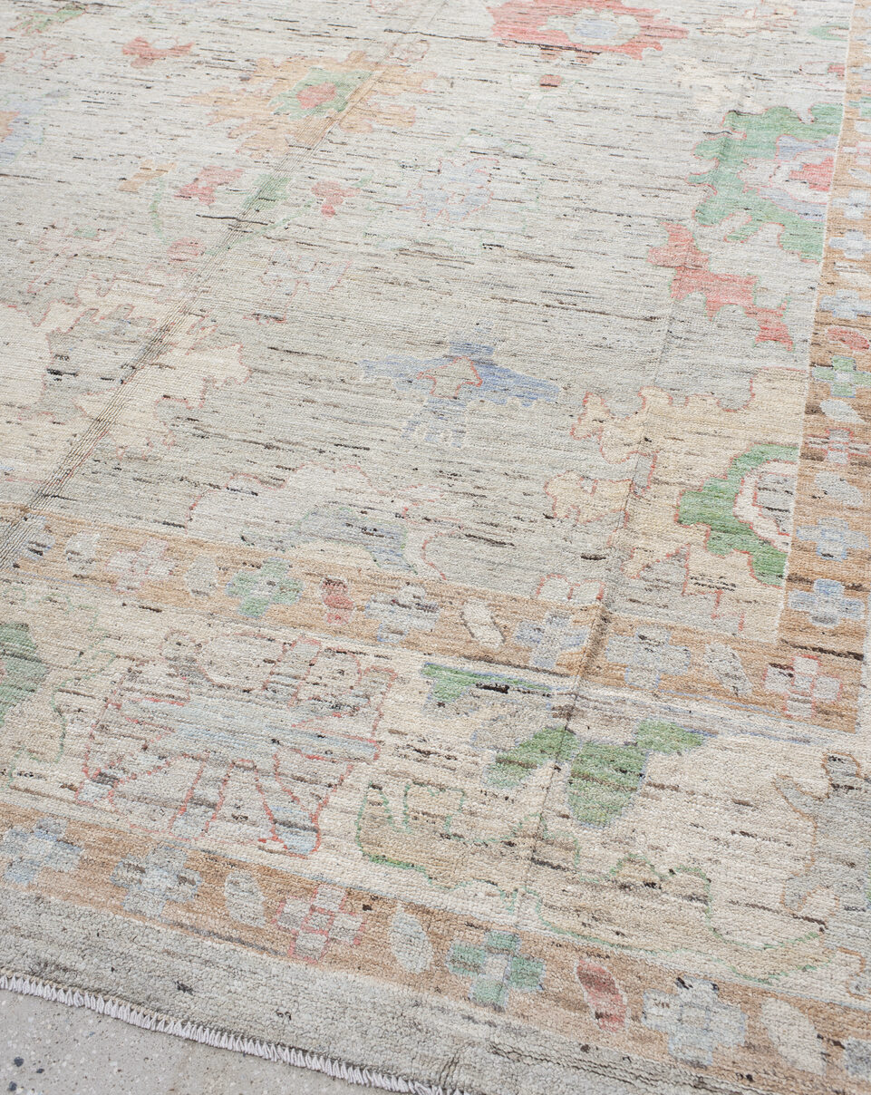 12' x 15' one-of-a-kind handmade vintage Oushak oversize rug. Color palette: pink, light gray, off-white, gray, brown