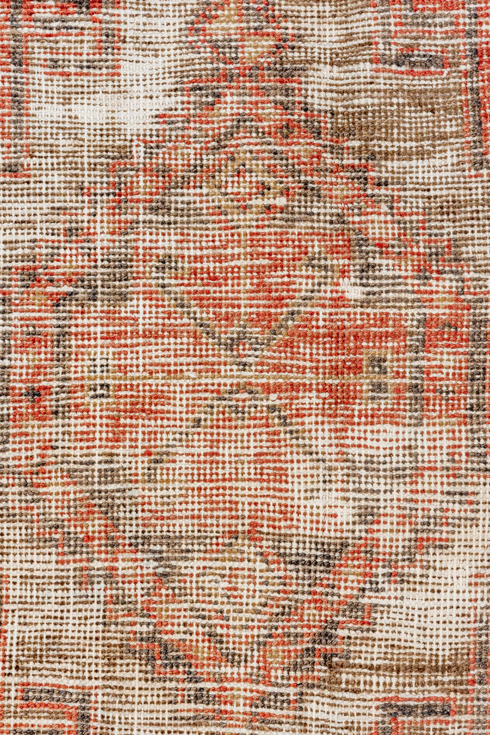 3' x 11' one-of-a-kind handmade vintage Oushak runner rug. Color palette: brown, gray, off-white, orange, pink, red