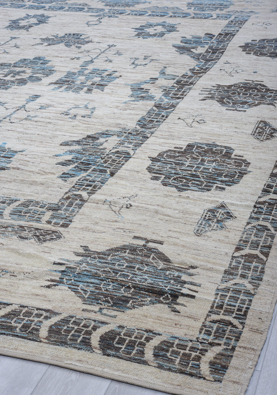12' x 15' one-of-a-kind handmade vintage Tulu oversize rug. Color palette: black, blue, dark gray, dim gray, gainsboro, gray