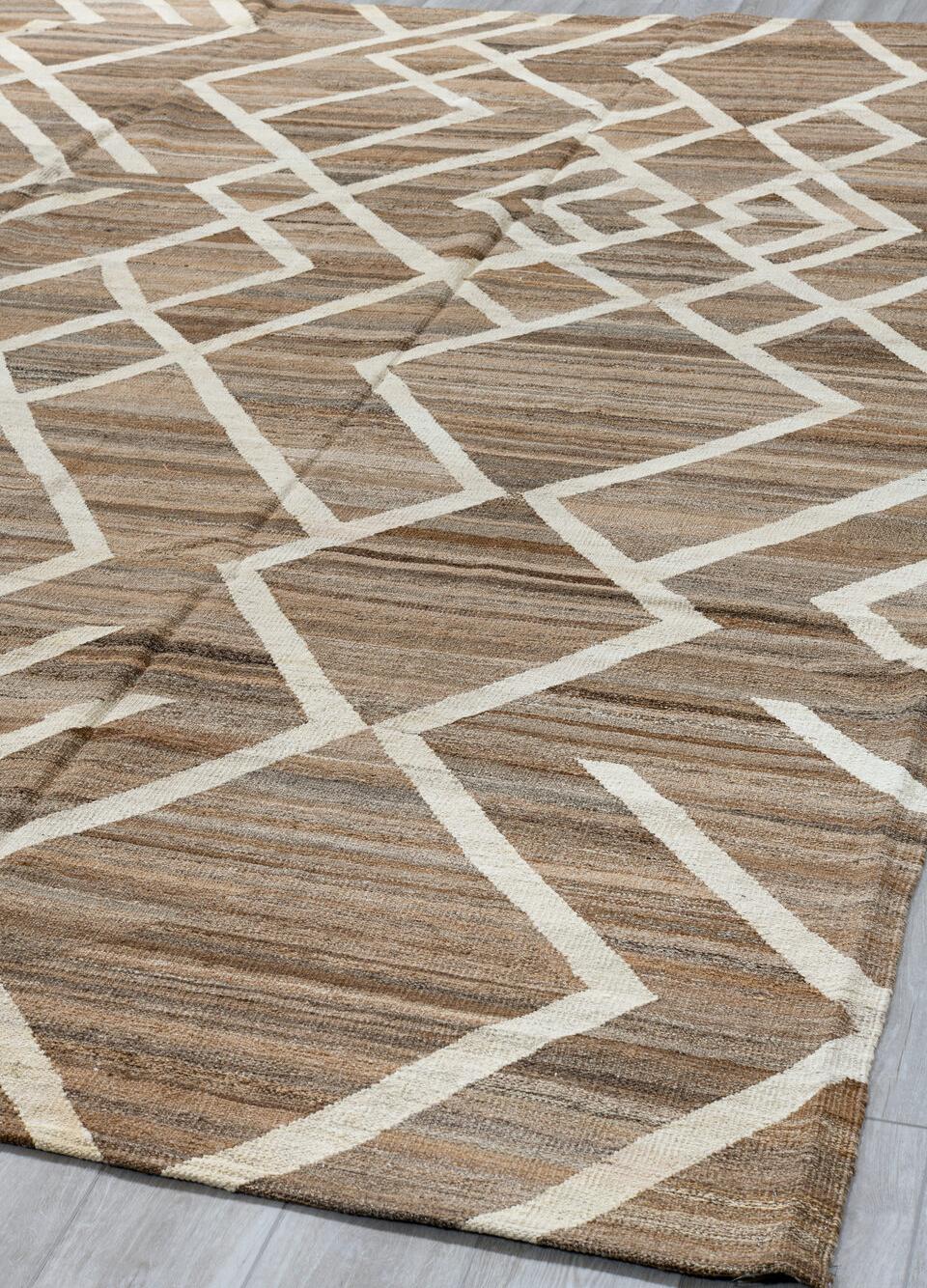 8' x 12' one-of-a-kind handmade vintage Kilim large size rug. Color palette: brown, dark gray, gray, light gray, off-white