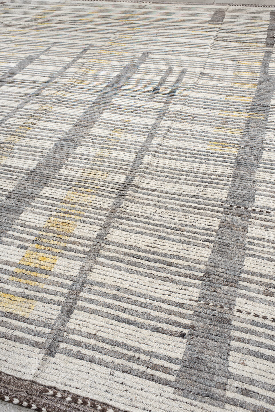 12' x 15' one-of-a-kind handmade vintage Tulu oversize rug. Color palette: bisque, blanched almond, brown, dim gray