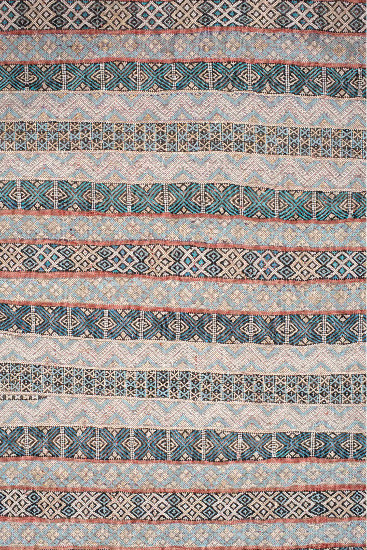 3' x 6' one-of-a-kind handmade vintage Moroccan small size rug. Color palette: black, blue, brown, fiord, gainsboro, gray