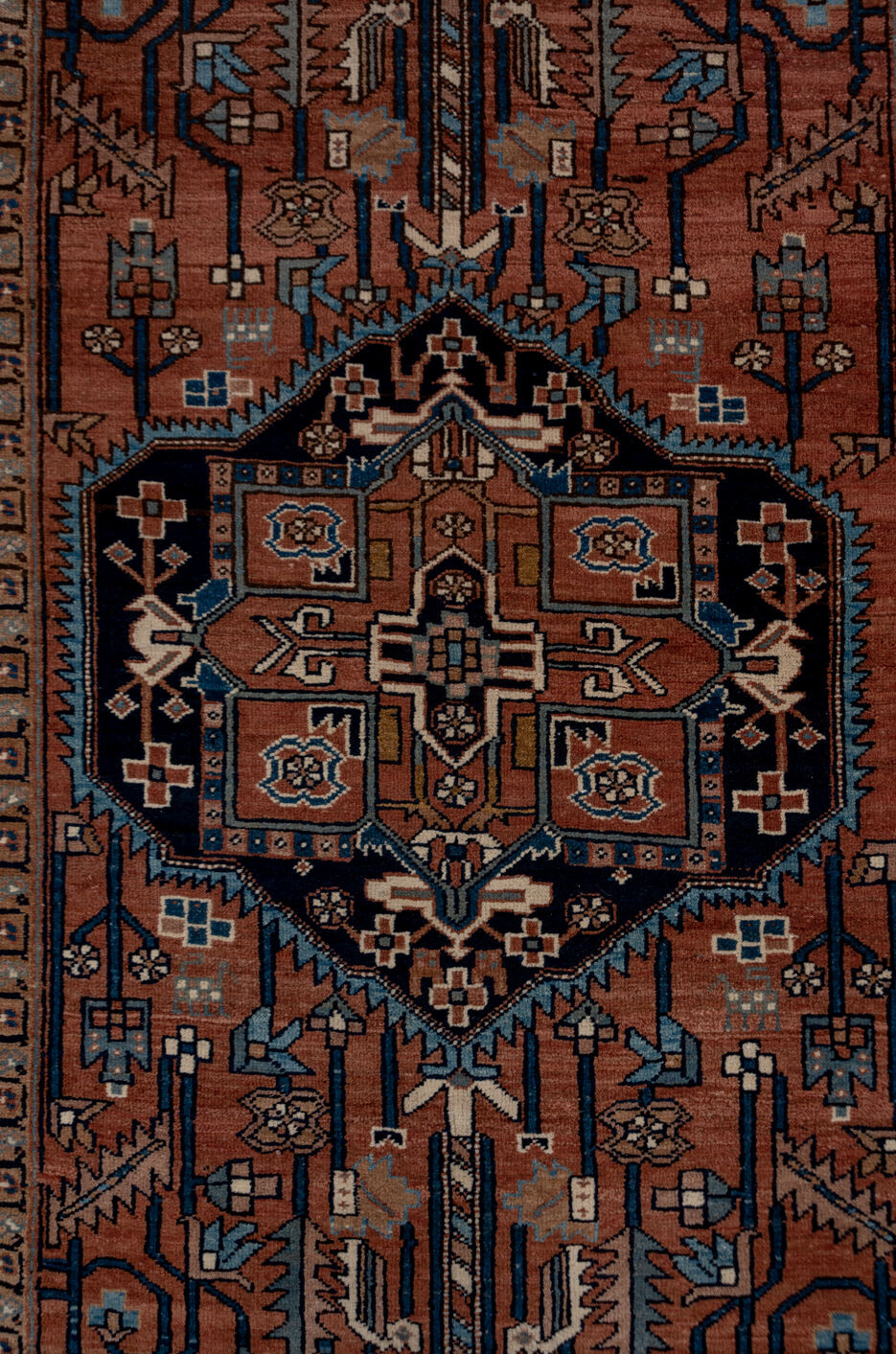 4' x 18' one-of-a-kind handmade vintage Heriz runner rug. Color palette: black, blue, brown, charcoal, dim gray, gray, pink